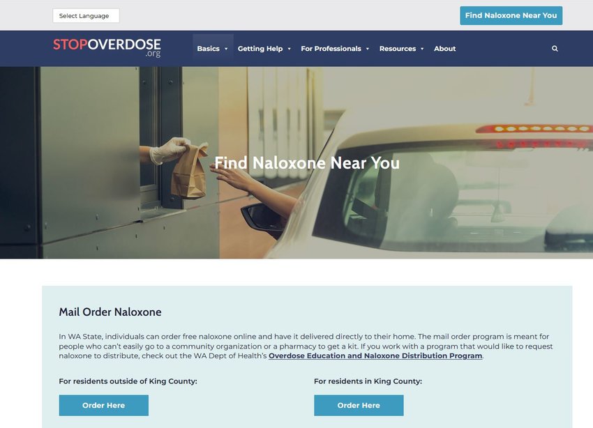 STOPOVERDOSE.org website shows the page where Thurston County residents can find and order Naloxone to be able to administer the drug in an emergency.