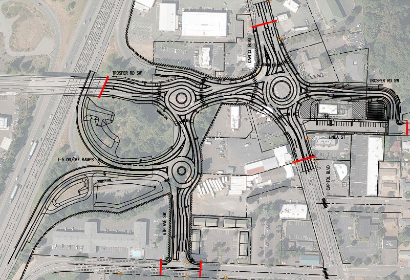 Tumwater's road reconfiguration project involves the construction of three roundabouts along Capitol Boulevard, Interstate-5, and Trosper Road.