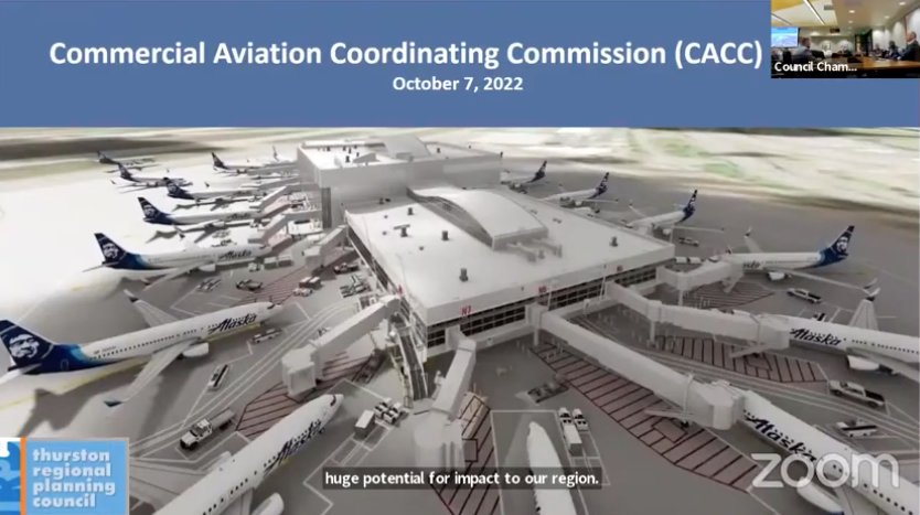 Thurston Regional Planning Council Executive Director Marc Daily briefed the Lacey City Council on October 13, 2022, about the region&rsquo;s potential involvement in the proposed new airport of the Commercial Aviation Coordinating Commission.