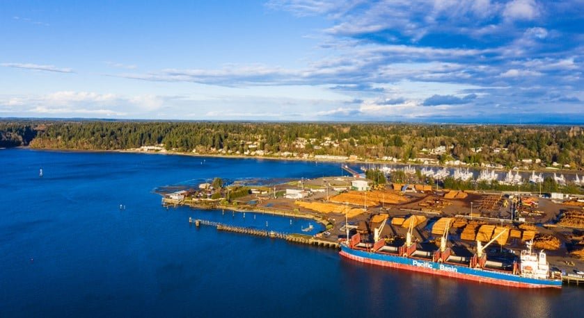 Aerial view of the Port of Olympia's marine port.