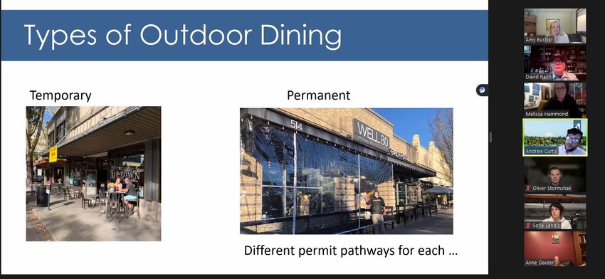 At the PBIA board meeting on November 2, 2022, Olympia Engineering Program specialist Andrew Curtis discussed two option permits for outdoor dining.