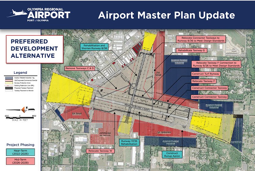 A layout showing the preferred development alternative for the 2021 Airport Master Plan Update.