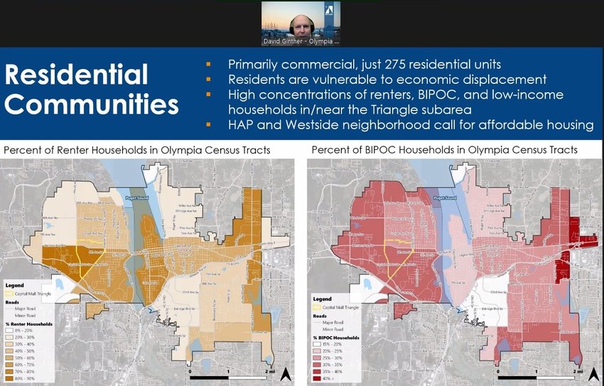 At the Land Use and Environmental Committee meeting held on November 17, 2022, Olympia senior planner David Ginther showed a map showing high concentrations of renters, BIPOC, and low-income households vulnerable to Capital Mall Triangle subarea development.