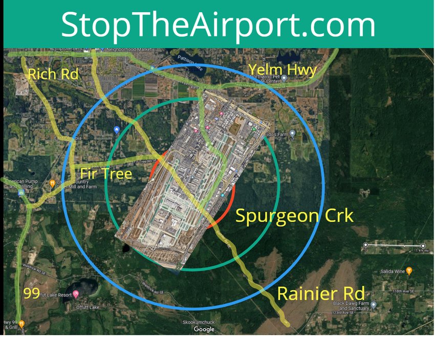 This image shows Los Angeles International Airport superimposed over the &quot;Central Thurston&quot; site being considered by the state legislature for creation of a new large commercial airport. The circles are shown at radiuses of two, four and six miles from the center.