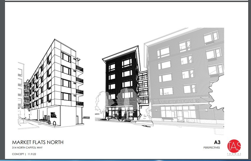 Thomas Architecture Studios presented a project proposal for redeveloping a small parcel at 314 Capitol Way North that would connect with the Market Flats apartment building under re-construction. The left image shows the building from the east-west alley; the image on the right shows the buildings viewed from Capitol Way.