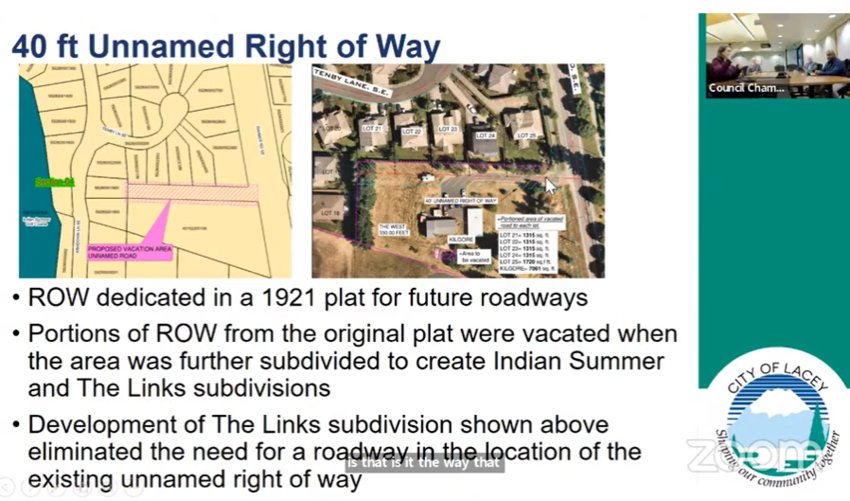 City Engineer Aubrey Collier expressed Lacey&rsquo;s interest in vacating a 40-foot unnamed right of way (ROW) along Rainer Road during the Transportation Committee hearing on December 6, 2022.