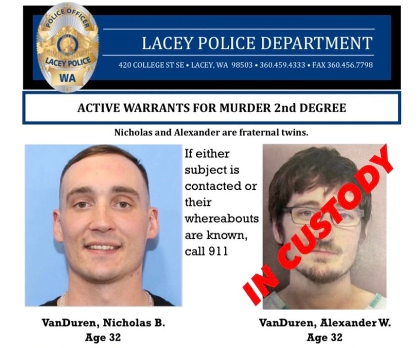 Alexander VanDuren, 32, is now in police custody while his twin Nicholas is still at large with a warrant for second-degree murder.