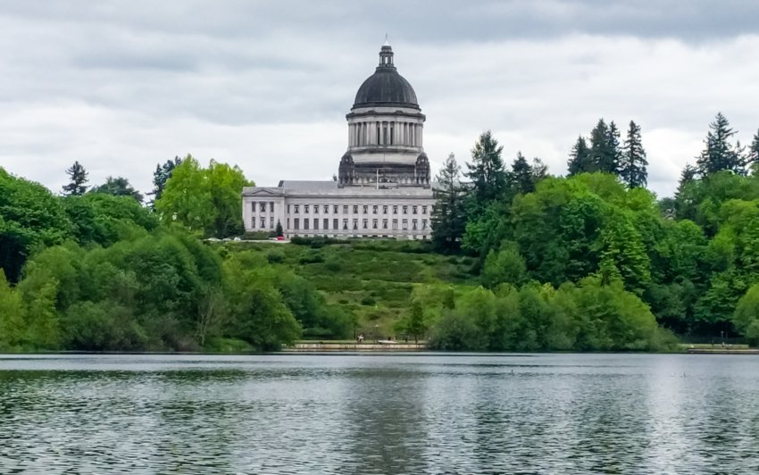 This is the Washington State Legislative Building, as seen from Capitol Lake, photographed on May 5, 2017