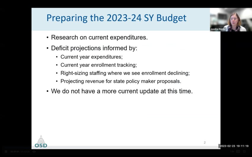 Assistant Superintendent Jennifer Priddy shared the current progress in planning the 2023-2024 budget during Olympia School District&rsquo;s (OSD) regular meeting last February 23.