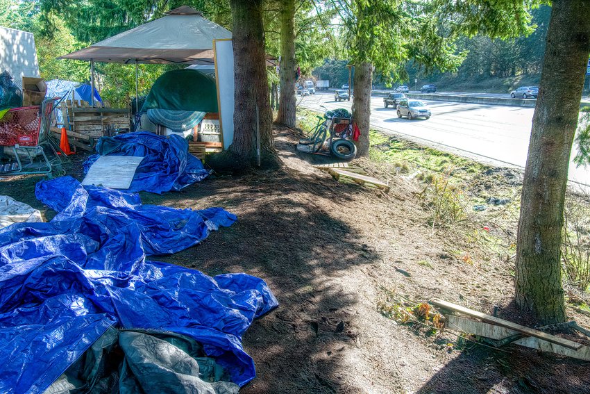 This image, from March 2023, shows the campsite of one or more individuals who occupy land assigned to the Washington State Department of Transportation but in Olympia's city limits.