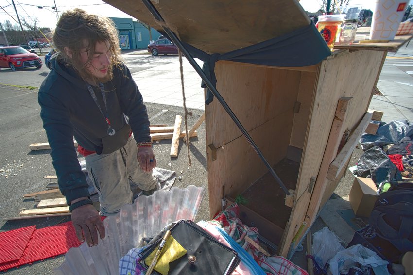 Danny's Condo: homeless person in downtown Olympia explained how he lives in his &ldquo;mobile condo.&rdquo;