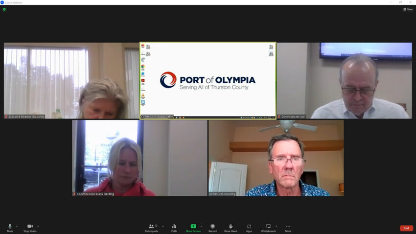 Port of Olympia commissioners and executive director are shown meeting on April 17, 2023.