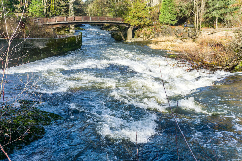 The Deschutes River flows at Brewery Park in Tumwater, Washington.