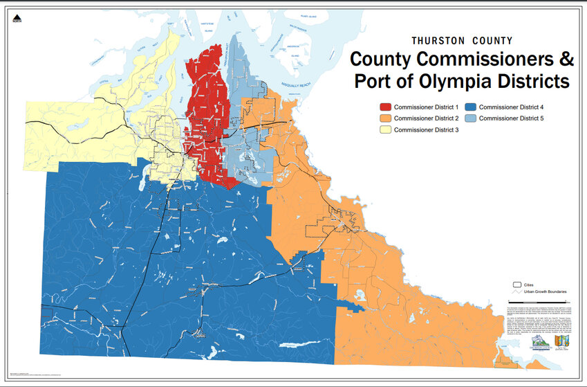 Port Commissioner District 5 is in light blue, wedged between District 2 (in orange) and District 1 (in red).
