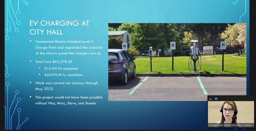 Sustainability Coordinator Alyssa Jones Wood updates the Tumwater Public Works Committee on the recently installed EV charging stations at city hall.