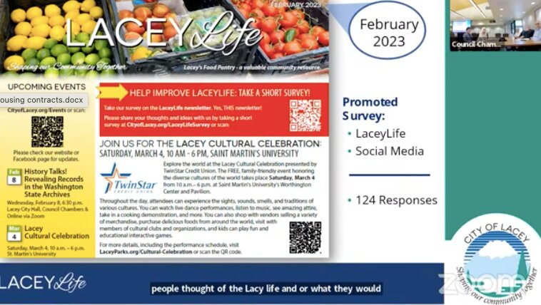The Lacey Community Relations and Public Affairs Community discussing LaceyLife's possible new look.