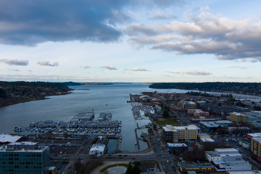 This December 2022 view of the Port Peninsula, center right, shows its location near downtown Olympia.