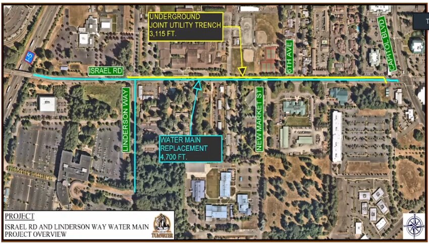 The undergrounding project on Israel Road runs from Linderson Way to Capitol Boulevard, and the water main replacement stretches from I-5 to Capitol Boulevard.