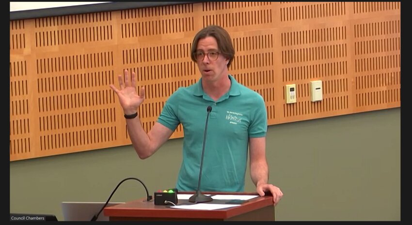 At the Olympia City Council meeting held Tuesday, July 11, 2023, community member and musician Peter Connelly opposed the planned housing project on Fourth Avenue, saying that it would displace the local musicians using the space for their rehearsals