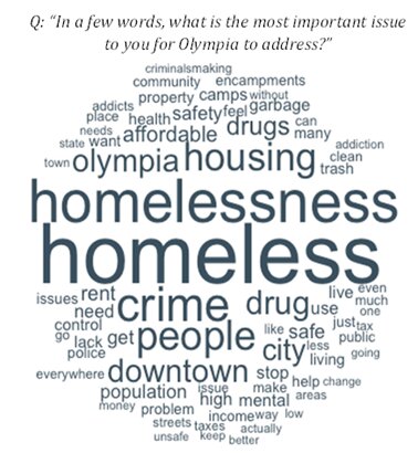 This word cloud is based on data in Olympia's 2023 Community Engagement &amp; Public Opinion Survey.