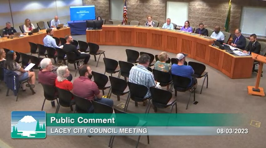 Five members of the public rose to speak about the campaign-sign-removal incident at the Lacey City Council meeting on August 3, 2023.