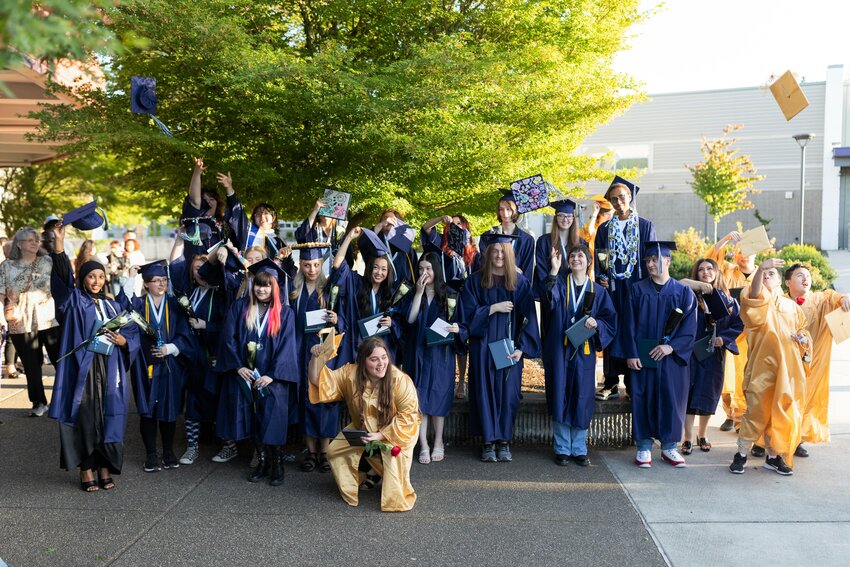 The North Thurston Public Schools VOICE program (gold robes) and the Summit Virtual Academy (dark blue robes) celebrated their 2023 graduation.