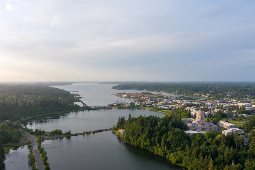 Aerial view of Olympia, Washington at sunset in June with a view of the port