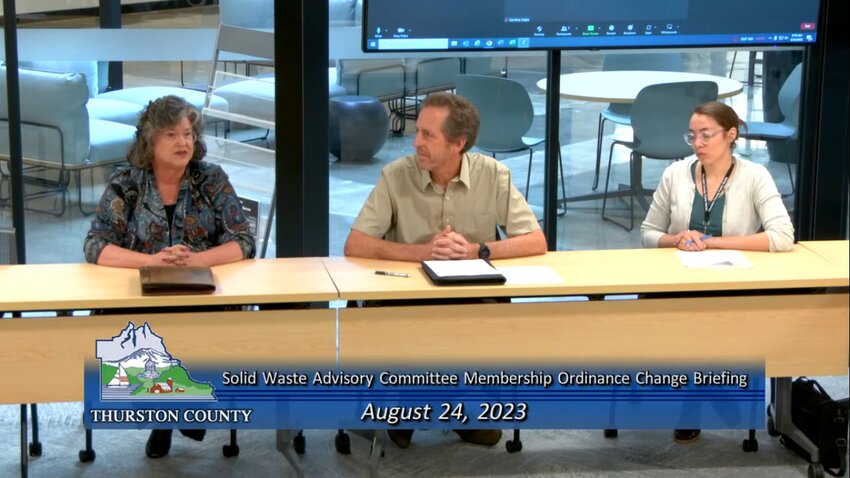 County Solid Waste Manager Jeff Bickford (middle) and Solid Waste Advisory Committee Chair Renee Sinclair (left) briefed the Board of County Commissioner about restructuring changes to Sinclair&rsquo;s committee.