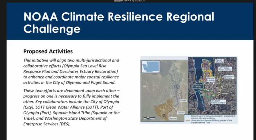 Olympia Climate Program Manager Dr. Pamela Braff presents the summary of proposed activities and budget they submitted to the NOAA Climate Resilience Regional Challenge.
