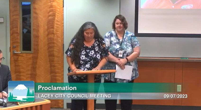 Thurston County Elections Manager Tillie Naputi-Pullar and Lacey &amp; Hawks Prairie Timberland Libraries Manager Holly Paxson joined the Lacey City Council meeting on September 7, 2023 for the proclamation of National Voter Registration Day.