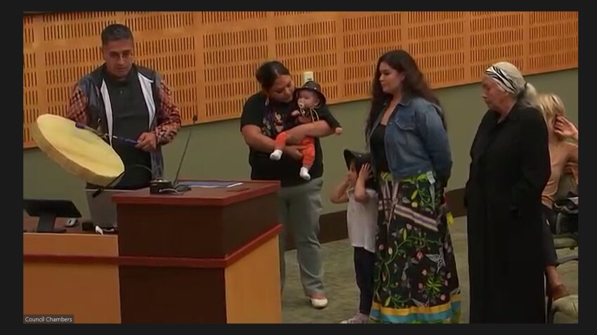 Squaxin Island Tribe Vice Chair Jaimie Cruz and tribe member Jeremiah George received the Indigenous People's Day proclamation signed by the city council on Tuesday, October 3, 2023.