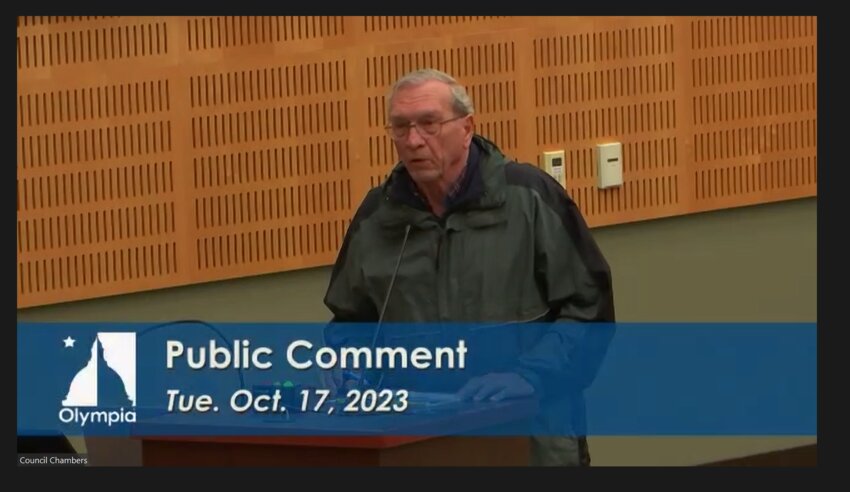 Community members Larry Dzieza, Jim Lazar, and former Olympia Mayor Bob Jacobs participated in the public comment segment at the Olympia Council meeting on Tuesday, October 17, 2023.