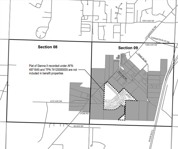 Documents prepared for the Tumwater Public Works Committee meeting show the areas (shaded gray) to be serviced by the wastewater lift station in the Sienna II development project.
