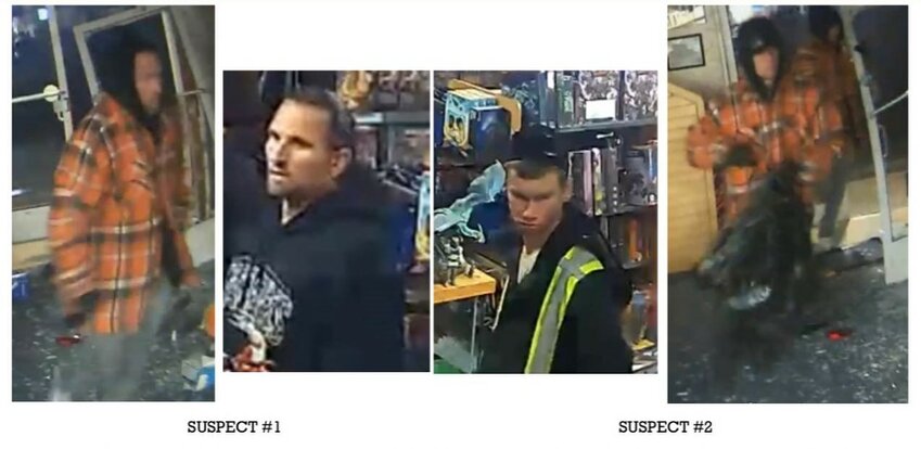 Photos of the two suspects captured in the establishment&rsquo;s security camera footage. The suspects are wearing matching orange plaid attire. &ldquo;The other photos are possibly the same individuals, but this is not yet confirmed,&rdquo; Lacey Police stated.