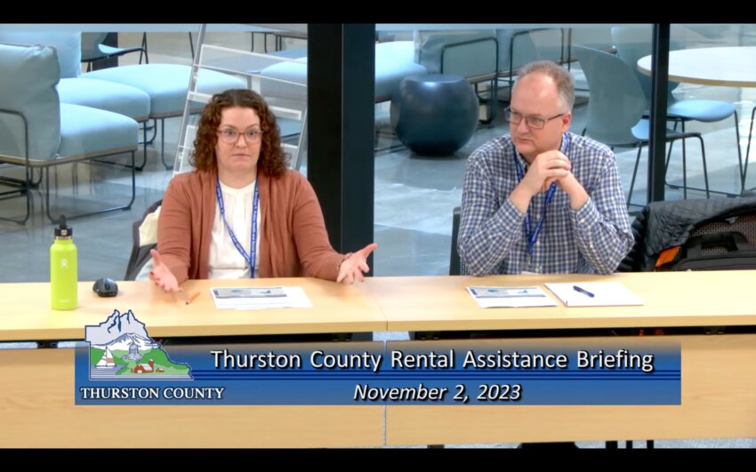Communication Specialist in Housing and Homeless Prevention Elisa Sparkman (left) discussed the rent assistance survey results with the Thurston County Board of County Commissioners yesterday, November 2, 2023.