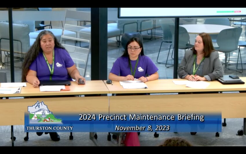 Elections Manager Tillie Naputi-Pullar (left), Lead Elections Technician Lynne Watanabe (center), and Chief Deputy Auditor Diana Benson (right) shared the 2024 Precinct Maintenance Plan updates.