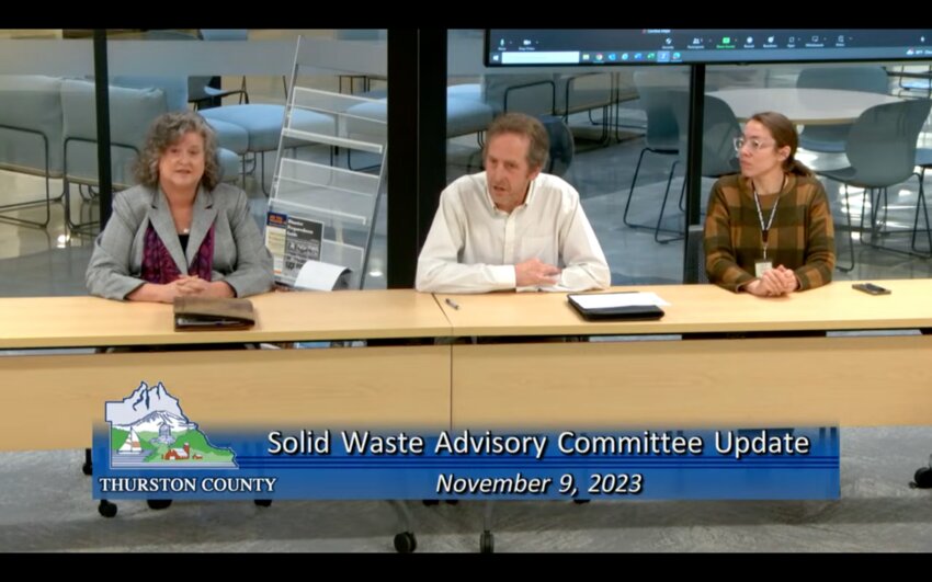 Solid Waste Manager Jeff Bickford (center), with Thurston County&rsquo;s Solid Waste Advisory Committee, shared their annual report with the Board of County Commissioners.