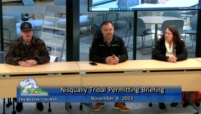 From left to right: Electrical Project Manager Mike Elliott, Building Department Director Wayne Lloyd, and Permit Manager Jennifer Elliott of the Nisqually Tribe spoke with the Board of County Commissioners about allowing them to do their own permitting.