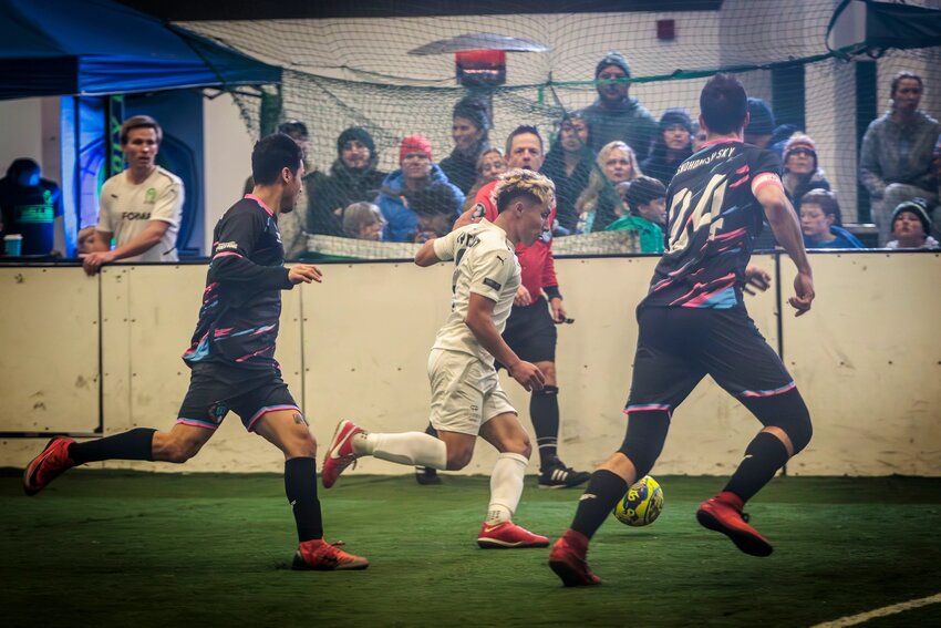 Manny Nicasio (in white) returns to arena soccer with a hat trick against Snohomish Sky