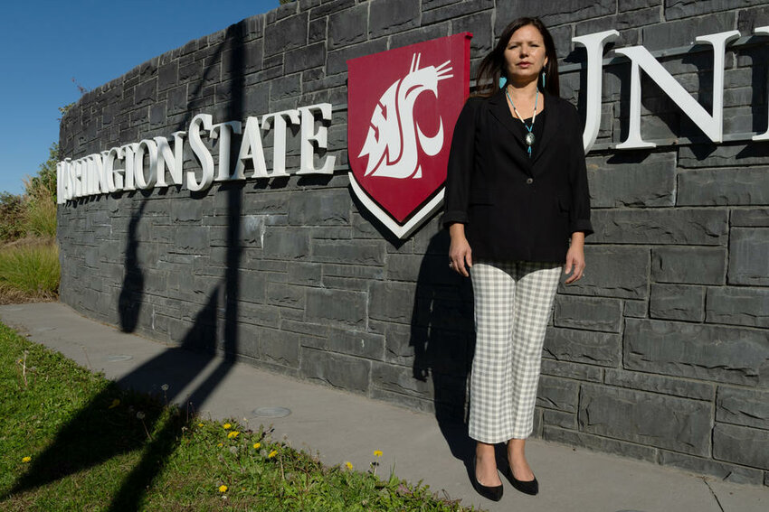 Zoe Higheagle Strong (Nez Pierce), Washington State University Vice Provost for Native American Relations and Programs, and Tribal Liaison to the President, poses for a photo on Friday, Oct. 6, 2023, at the Elson S. Floyd Cultural Center on the WSU campus in Pullman. Washington State University suffered a decline of some 300 Native students as a result of the coronavirus pandemic, and it is struggling to attract more such students. (Ted S. Warren for Crosscut)