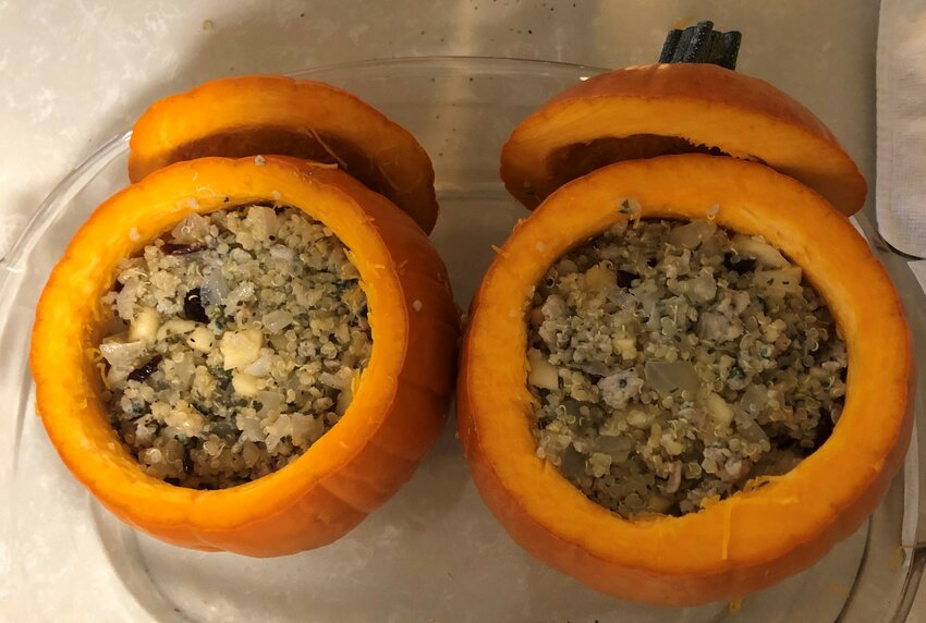 Sugar pumpkins stuffed with quinoa, sausage and apples make a delicious entree.