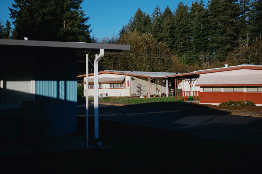 A view of the Western Plaza Senior Mobile Home Park on Monday, Nov 13, 2023 in Tumwater, Washington. The park, which was recently bought by Legacy Communities LLC, is upping rent at unsustainable rates for tenants that are often on a fixed income, as well as ignoring maintenance responsibilities. (Grant Hindsley for Crosscut)
