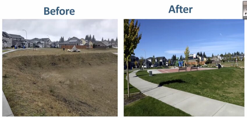 Senior Capital Projects Manager Don Carney presented to the Tumwater Public Works Committee the before and after photos of the new Kindred Park at The Preserve.