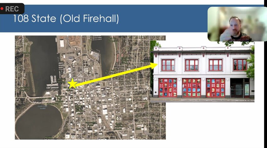 Olympia Economic Development Director Mike Reid presented the two proposals for redeveloping 108 State Avenue NW building at the intersection of State and Capitol at the PBIA meeting held Thursday, January 3, 2024.