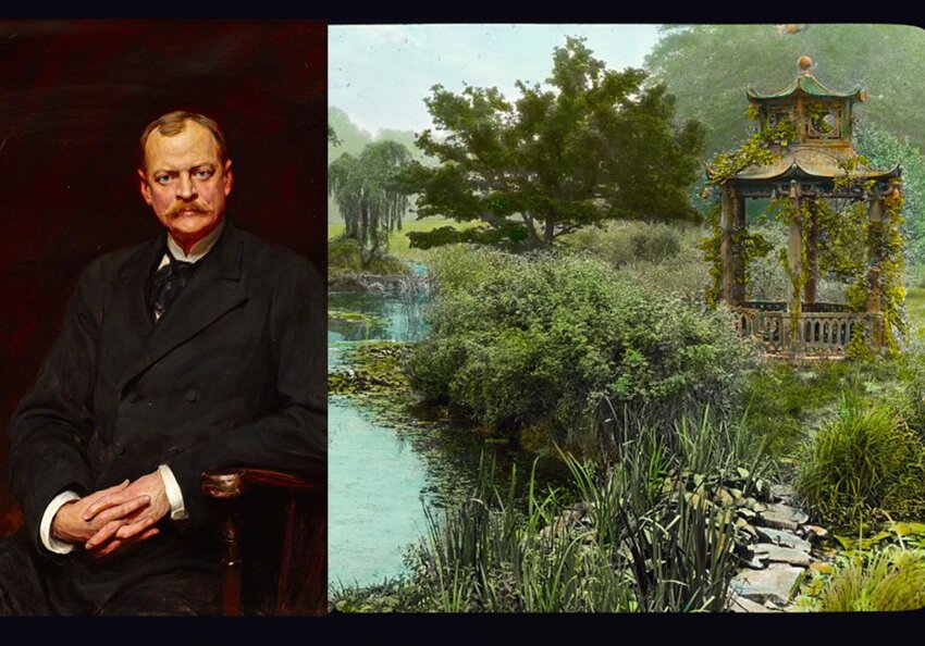 Portrait of William Waldorf Astor (1848&ndash;1919), 1st Viscount Astor, and a color photo, likely a lithograph, of the garden&rsquo;s Chinese pagoda and water features.