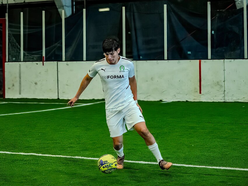 Jesus Flores photographed here vs Snohomish County. He scored twice and assisted twice against Vancouver Lightning.