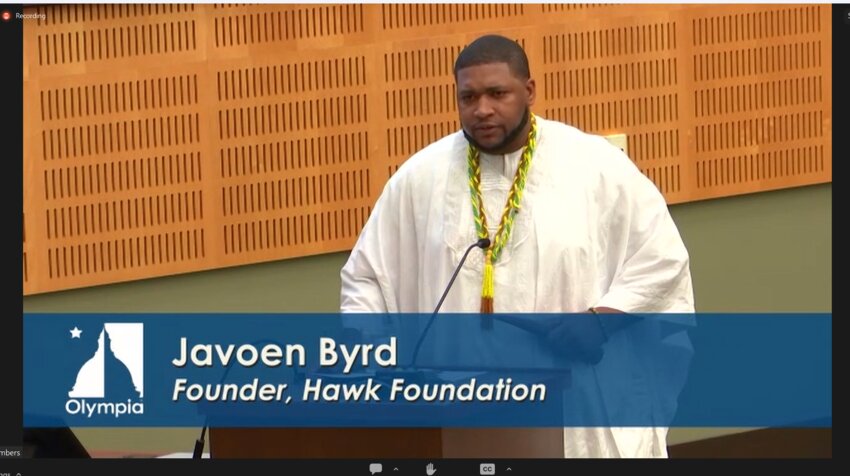 Javoan Byrd, the founder of Hawk Foundation, accepted the Black History Month proclamation signed by the Olympia City Council on Tuesday, February 6, 2024.