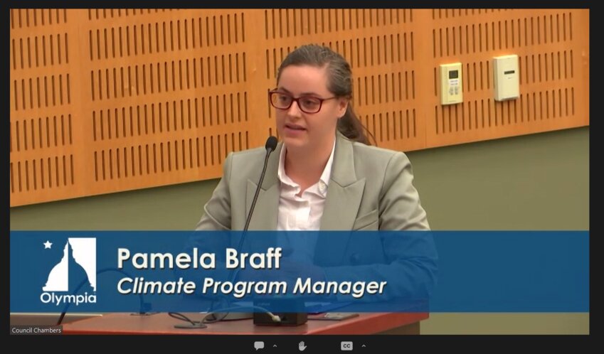 Dr. Pamela Braff, Olympia's Climate Program director, discussed the two regional energy initiatives at the city council meeting on Tuesday, February 13, 2024.