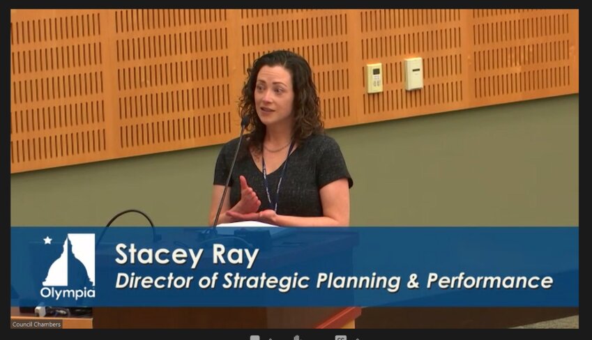 Olympia's Strategic Planning and Performance Director, Stacey Ray, speaks at the city council meeting to inform the public of the Community Oversight of Law Enforcement online survey, available until March 4, 2024.