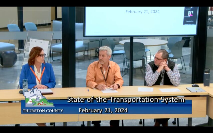 At a meeting yesterday, February 21, Traffic Engineering and Operations Manager Becky Conn (left), Public Works Road Operations Division Manager Mike Lowman (center), and County Engineer Matt Unzelman (right) reported updates on Thurston County’s transportation systems.